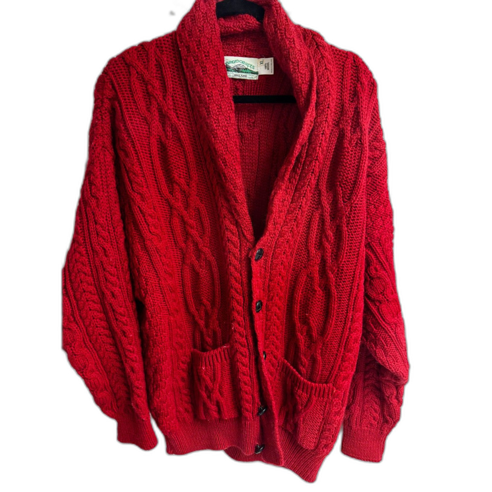 Aran Crafts Ireland 100% Wool Cable Knit Shawl Collar Cardigan – Red – Size XL